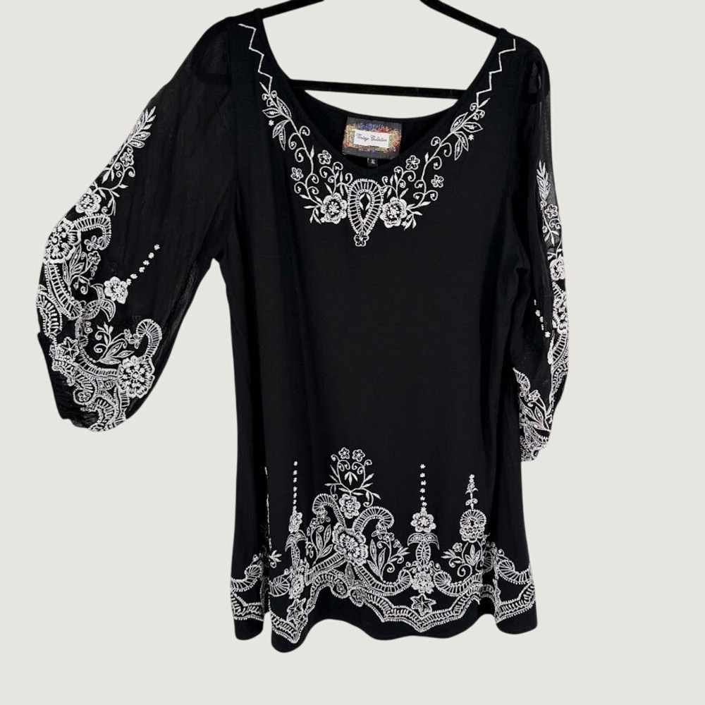 Vintage Collection Embroidered Beaded Tunic Top Size XL Black Puff Sleeve Boho